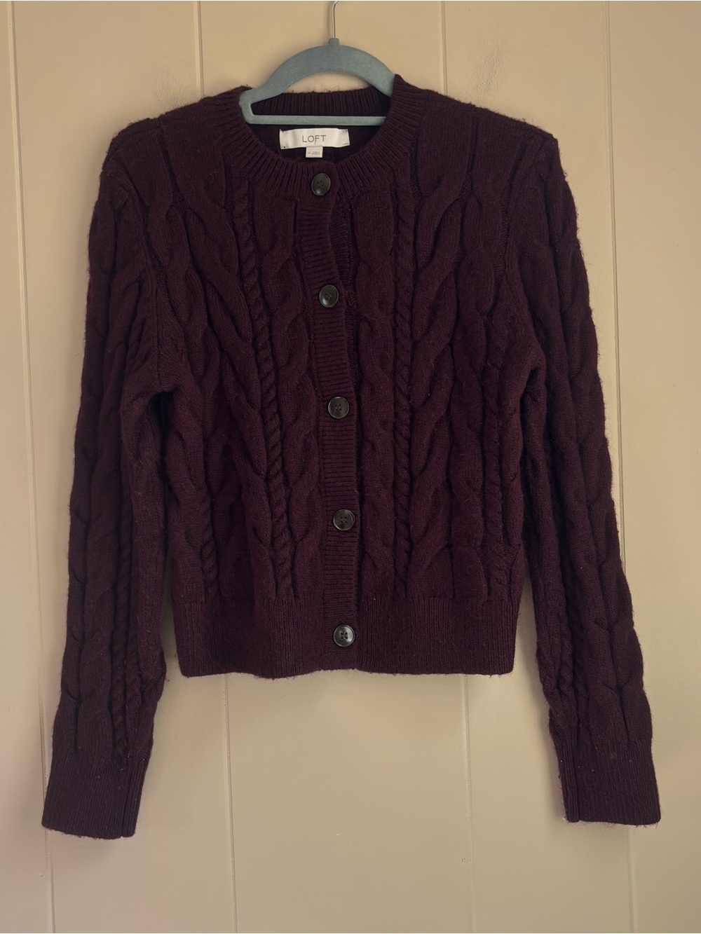 LOFT Women’s Burgundy/Plum Cable Knit Button-Front Cardigan Sweater Size Medium